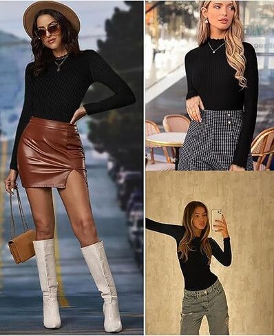 قميص Elesol turtleneck النساء الكشكش مضلعة الأكمام الطويلة. in Kuwait
