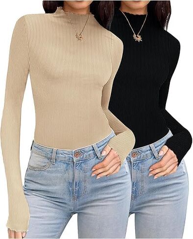 قميص Elesol turtleneck النساء الكشكش مضلعة الأكمام الطويلة. in Kuwait