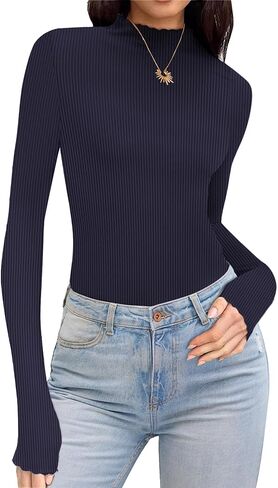 قميص Elesol turtleneck النساء الكشكش مضلعة الأكمام الطويلة. in Kuwait