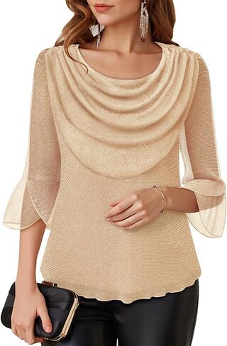 Lotusmile Blouses for Women Dressy Casual 3/4 Sleeve Cowl Neck Sparkly Tops Cocktail Shirts for Evening Party in Kuwait