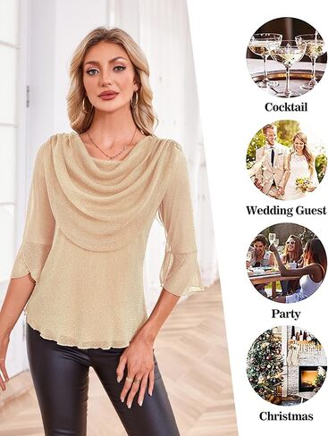 Lotusmile Blouses for Women Dressy Casual 3/4 Sleeve Cowl Neck Sparkly Tops Cocktail Shirts for Evening Party in Kuwait