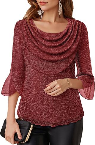 Lotusmile Blouses for Women Dressy Casual 3/4 Sleeve Cowl Neck Sparkly Tops Cocktail Shirts for Evening Party in Kuwait