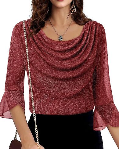 Lotusmile Blouses for Women Dressy Casual 3/4 Sleeve Cowl Neck Sparkly Tops Cocktail Shirts for Evening Party in Kuwait