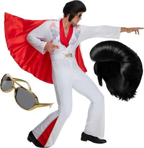 Morph Vegas Rockstar Costume With Wig + Glasses, Adult Men Disco Costume Mens 50s Jumpsuit Halloween Costumes For Men in Saudi Arabia