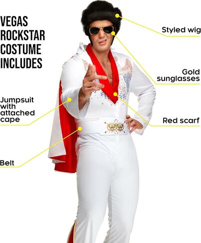 Morph Vegas Rockstar Costume With Wig + Glasses, Adult Men Disco Costume Mens 50s Jumpsuit Halloween Costumes For Men in Saudi Arabia