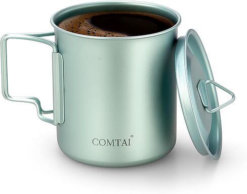 COMTAI Titanium Pot, 420ml/15 oz Mug with Lid and Foldable Handle, Outdoor Titanium Cup for Hiking Camping Cooking-Silver in Kuwait