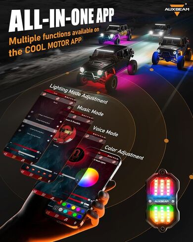 Auxbeam 4 Pods RGB LED Rock Lights, Bluetooth& Remote Control Multi Color-Changing Wheel Well Lights w/Brake Mode, Music & Voice Sync Underglow for Trucks UTV Car Boat Waterproof, 1 Year Warranty in Saudi Arabia