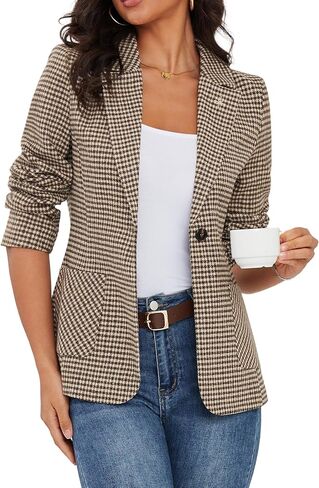ELLEVEN 2025 Women's Houndstooth Plaid Blazers with Embroidered Collar, Business Casual Work Office Jacket with Pockets in Saudi Arabia