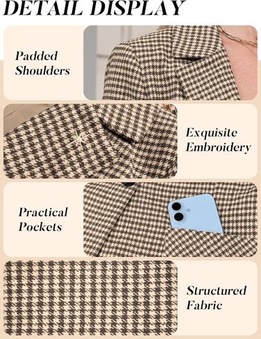 ELLEVEN 2025 Women's Houndstooth Plaid Blazers with Embroidered Collar, Business Casual Work Office Jacket with Pockets in Saudi Arabia