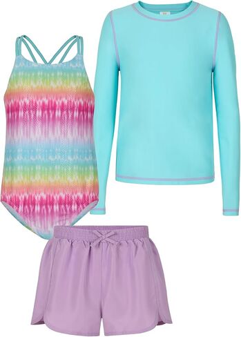Saint Eve Kids Girls Swimsuit من 3 قطع-حارس طفح جلدي طويل الأكمام ، مبطن ، قطعة واحدة ، UPF 50+ ، سراويل للسباحة للسباحة ، الشاطئ ، المخيم in Kuwait