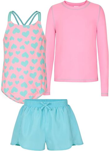 Saint Eve Kids Girls Swimsuit من 3 قطع-حارس طفح جلدي طويل الأكمام ، مبطن ، قطعة واحدة ، UPF 50+ ، سراويل للسباحة للسباحة ، الشاطئ ، المخيم in Kuwait