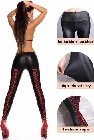 Women's Faux Leather Leggings Stretchy High Waisted Faux Leather Pants,Sexy Legging Cuir Femme Pleather Leggings with Lace-Up Back,One Size Black in Saudi Arabia