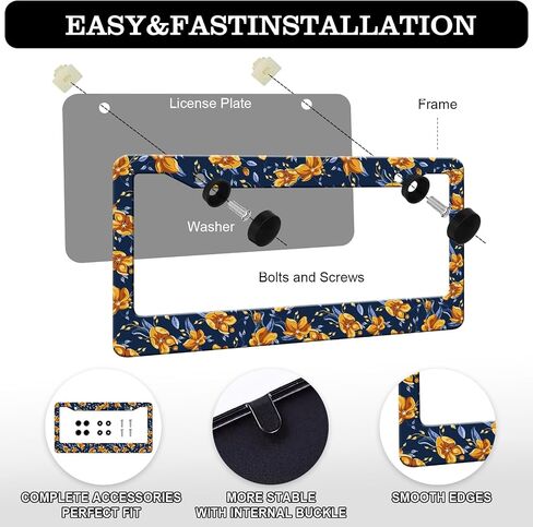 إطار لوحة رخصة زهرة - 2pcs رجعية برتقالية زهرة الأزهار الأزهار الألومنيوم حامل لوحة رخصة ، in Kuwait