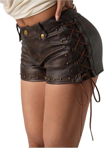 Makemechic Women's Leather Lace Up Shorts Shorts Studded Summer Vintage 90s Mini Shorts in Saudi Arabia