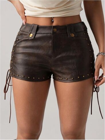 Makemechic Women's Leather Lace Up Shorts Shorts Studded Summer Vintage 90s Mini Shorts in Saudi Arabia