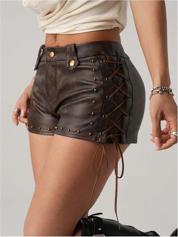 Makemechic Women's Leather Lace Up Shorts Shorts Studded Summer Vintage 90s Mini Shorts in Saudi Arabia