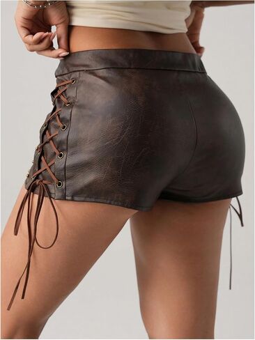 Makemechic Women's Leather Lace Up Shorts Shorts Studded Summer Vintage 90s Mini Shorts in Saudi Arabia