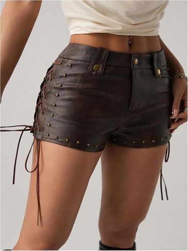 Makemechic Women's Leather Lace Up Shorts Shorts Studded Summer Vintage 90s Mini Shorts in Saudi Arabia