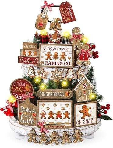 Shellwei 24 Pcs Christmas Tiered Tray Decor Wood Rustic Christmas Decoration for Home Table Shelf Christmas Winter Farmhouse Decor Xmas Trees Gnome Elk Snowflake Wooden Signs Buffalo Plaid Table Decor in Saudi Arabia