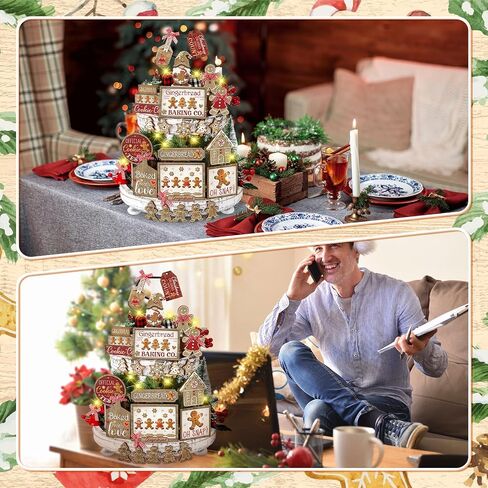 Shellwei 24 Pcs Christmas Tiered Tray Decor Wood Rustic Christmas Decoration for Home Table Shelf Christmas Winter Farmhouse Decor Xmas Trees Gnome Elk Snowflake Wooden Signs Buffalo Plaid Table Decor in Saudi Arabia