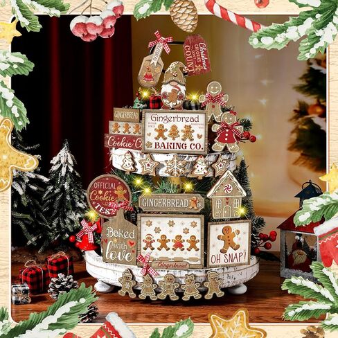 Shellwei 24 Pcs Christmas Tiered Tray Decor Wood Rustic Christmas Decoration for Home Table Shelf Christmas Winter Farmhouse Decor Xmas Trees Gnome Elk Snowflake Wooden Signs Buffalo Plaid Table Decor in Saudi Arabia