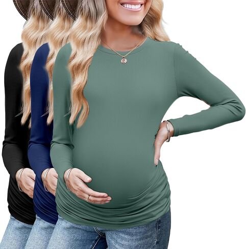 قميص الأمومة الأمومة الطويلة 3Packs جولة حول الحمل قمم الحمل غير الرسمي قمصان أعلى TEE in Kuwait