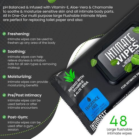 Intimate Wipes by INTIMACY KIT, 48 Large Hygiene Wipes, pH Balanced, Hypoallergenic, Fragrance Free, Infused with Vitamin-E, Chamomile & Aloe Vera, for Intimate Parts, Body & Face in Saudi Arabia
