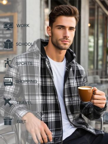 Mens Flannel Hoodies Fleece Full Zip Shirt Jacket Plaid Fall Winter Coat with Hood in Saudi Arabia