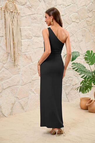 Women's Summer One Shoulder Maxi Dresses Sleeveless Bodycon Metal Decor Formal Wedding Guest Cocktail Dress in Kuwait