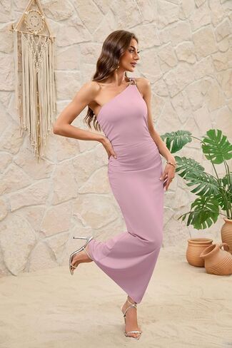 Women's Summer One Shoulder Maxi Dresses Sleeveless Bodycon Metal Decor Formal Wedding Guest Cocktail Dress in Kuwait