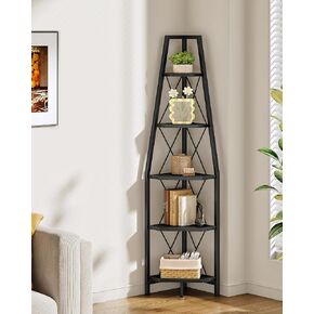 5-Tier Corner Shelf, Corner Bookshelf, Ladder Shelf, Floor Standing Storage Rack, Open Display Stand, Plant Stand, for Living Room, Bedroom, Study, Bathroom, Rustic Brown and Black TCJ22BF in Kuwait