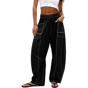 دوكوريتو برميل سروال روتين النساء غير الرسمي الخصر المرن عريض الساق العرق مع الجيوب صالة السراويل الفضفاضة in Kuwait