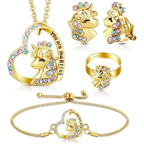 4 PCS Girls Unicorn Jewelry Set Unicorn Netclace Bracelet Ring Stud arocring in Kuwait