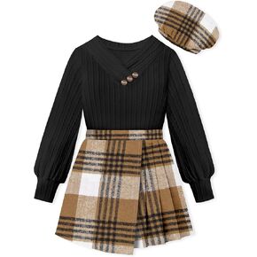 Girls Clothes Skirt Sets V-neck Jacquard Puff Sleeve Shirts Top Plaid Mini Skirt Shorts Girls Outfits with Beret 7-14Y in Kuwait