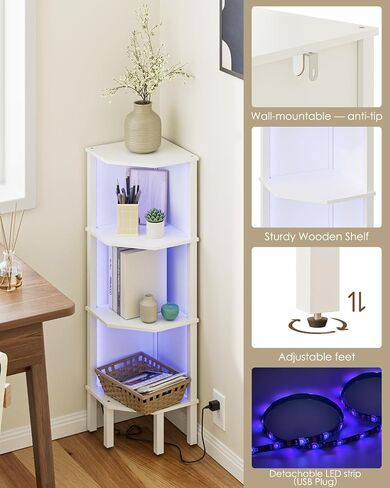 Corner Shelf Stand, 5 Tier Corner Bookshelf with Light,Corner Furniture for Bedroom Display Corner Shelf for Small Space,Wood Shelves with Storage Rack for Living Room,Office,Oak in Kuwait