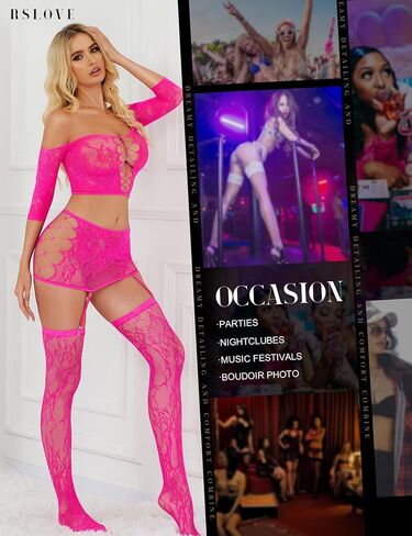 RSLOVE Lingerie مجموعات للنساء مثير - شبكة صيد Babydoll Garter MINI SKIRT Bodystocking Mesh Addysuit Admits Nightwear in Kuwait