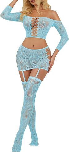 RSLOVE Lingerie مجموعات للنساء مثير - شبكة صيد Babydoll Garter MINI SKIRT Bodystocking Mesh Addysuit Admits Nightwear in Kuwait
