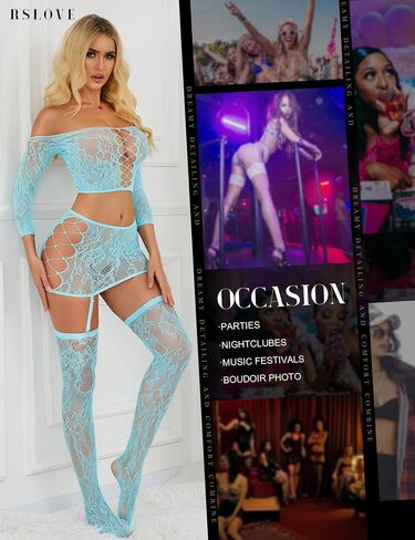 RSLOVE Lingerie مجموعات للنساء مثير - شبكة صيد Babydoll Garter MINI SKIRT Bodystocking Mesh Addysuit Admits Nightwear in Kuwait