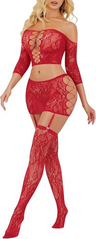 RSLOVE Lingerie مجموعات للنساء مثير - شبكة صيد Babydoll Garter MINI SKIRT Bodystocking Mesh Addysuit Admits Nightwear in Kuwait