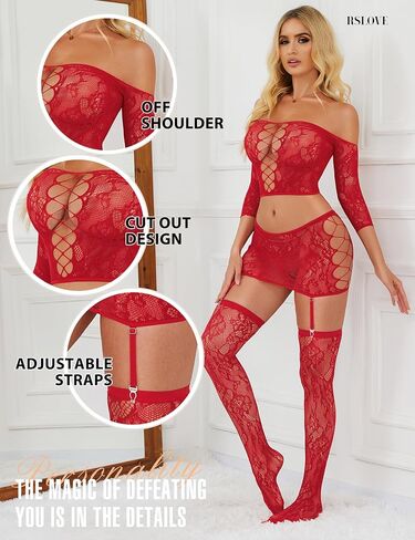 RSLOVE Lingerie مجموعات للنساء مثير - شبكة صيد Babydoll Garter MINI SKIRT Bodystocking Mesh Addysuit Admits Nightwear in Kuwait