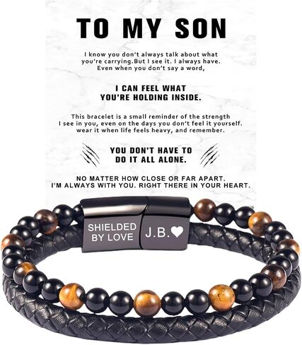 ziella The Guardian Son's Bracelet With Protection Tiger Eye,To My Son Bracelet From Mom,Black Leath Beaded For Son Jewelry Gift in Saudi Arabia