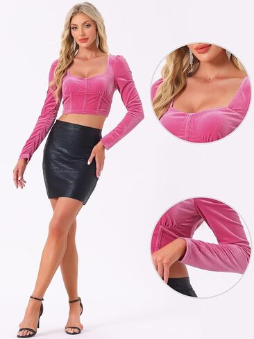 Allegra K Ruched Sleeve for Women's Sweetheart Neck Party Velvet Crop Tops in Kuwait