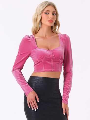 Allegra K Ruched Sleeve for Women's Sweetheart Neck Party Velvet Crop Tops in Kuwait