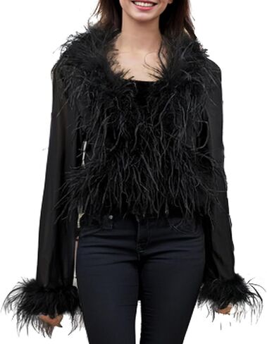 LVCOMEFF Real Ostrich Feather Trim Mesh Crop Top See-Through Black Sheer Shirt Jacket Clubwear Y2k in Saudi Arabia