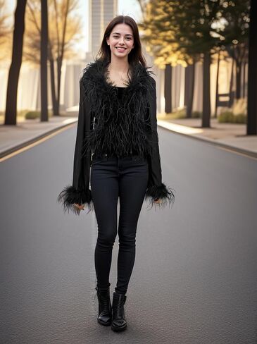 LVCOMEFF Real Ostrich Feather Trim Mesh Crop Top See-Through Black Sheer Shirt Jacket Clubwear Y2k in Saudi Arabia