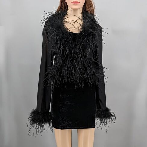 LVCOMEFF Real Ostrich Feather Trim Mesh Crop Top See-Through Black Sheer Shirt Jacket Clubwear Y2k in Saudi Arabia
