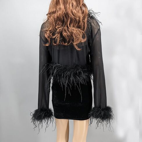 LVCOMEFF Real Ostrich Feather Trim Mesh Crop Top See-Through Black Sheer Shirt Jacket Clubwear Y2k in Saudi Arabia