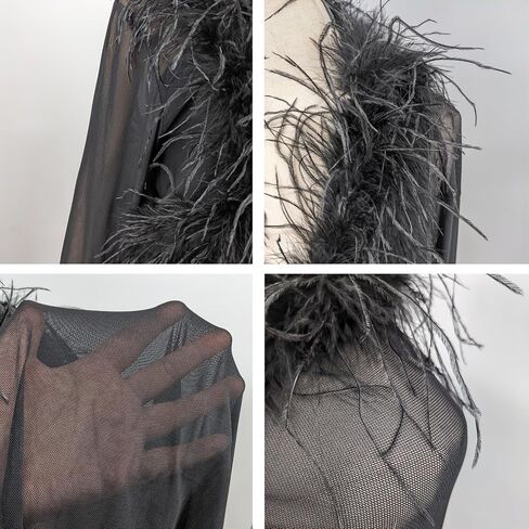 LVCOMEFF Real Ostrich Feather Trim Mesh Crop Top See-Through Black Sheer Shirt Jacket Clubwear Y2k in Saudi Arabia