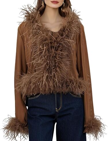 LVCOMEFF Real Ostrich Feather Trim Mesh Crop Top See-Through Black Sheer Shirt Jacket Clubwear Y2k in Saudi Arabia