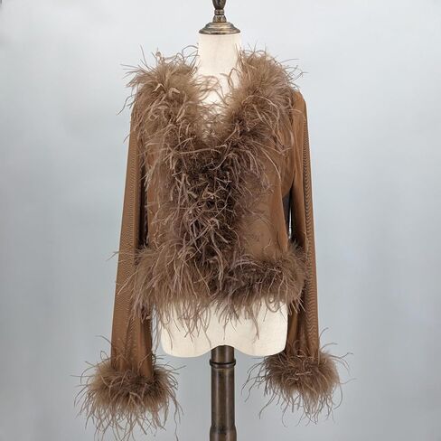 LVCOMEFF Real Ostrich Feather Trim Mesh Crop Top See-Through Black Sheer Shirt Jacket Clubwear Y2k in Saudi Arabia